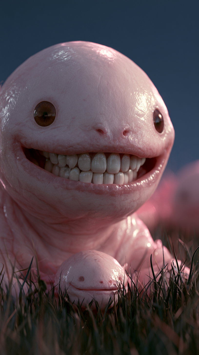 A surreal, glossy pink creature with large brown eyes and a wide smile showing human-like teeth sits on grass with a smaller similar creature in front.