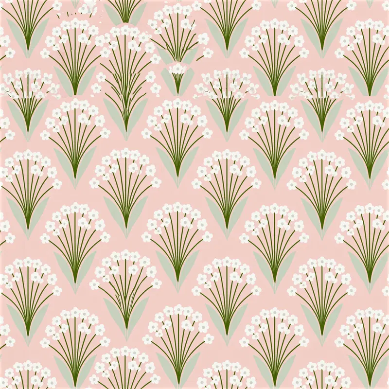 Seamless pattern of delicate white flowers with green leaves on pink