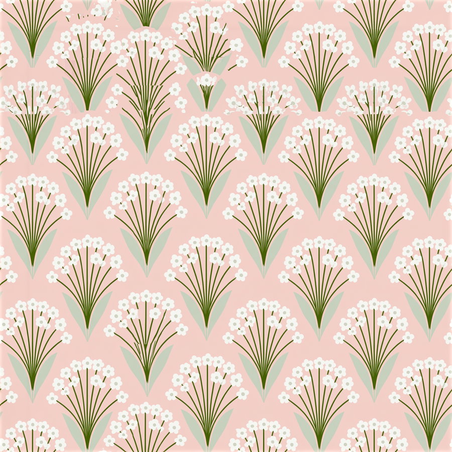 Repeated floral pattern with small white flowers, green stems, and leaves on a pink background