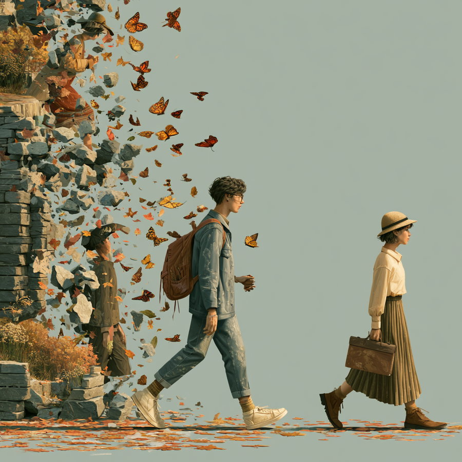 Two people walking with one carrying a briefcase, as fragments of a stone wall, butterflies, and leaves disperse from two other figures blending into the background
