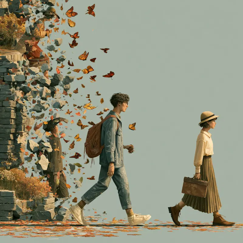 Surreal scene of people walking as butterflies and leaves disperse