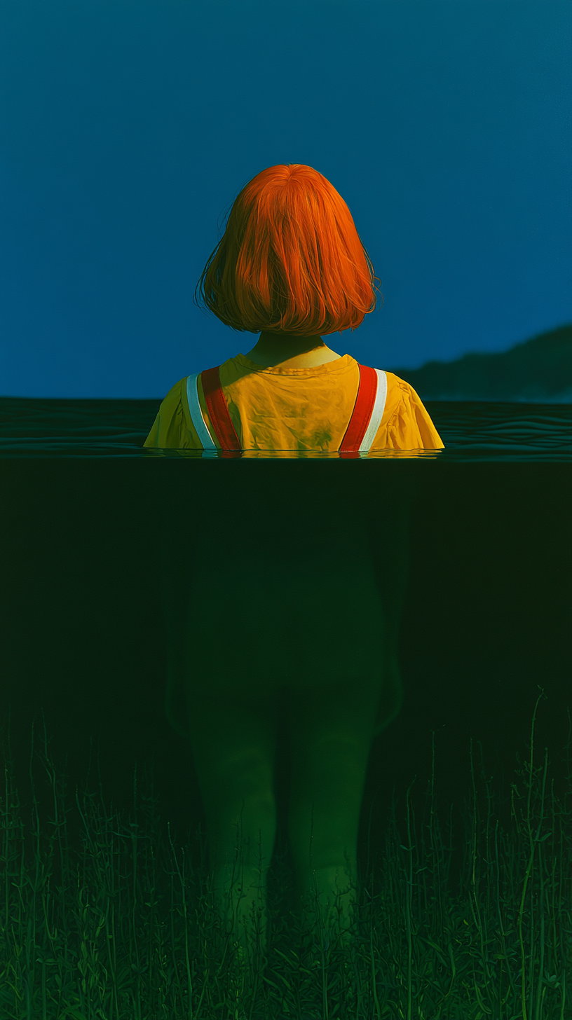 A person with bright orange bob haircut viewed from behind, wearing a yellow shirt with suspenders, partially submerged in dark water with plants visible underwater, against a deep blue sky background