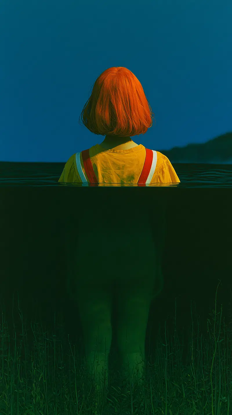 Surreal image of a person with bright orange hair standing in dark water with underwater plants