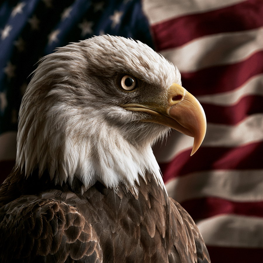 A detailed close-up of a bald eagle showing its white head, sharp yellow beak, and brown feathers with a blurred U.S. flag in the background