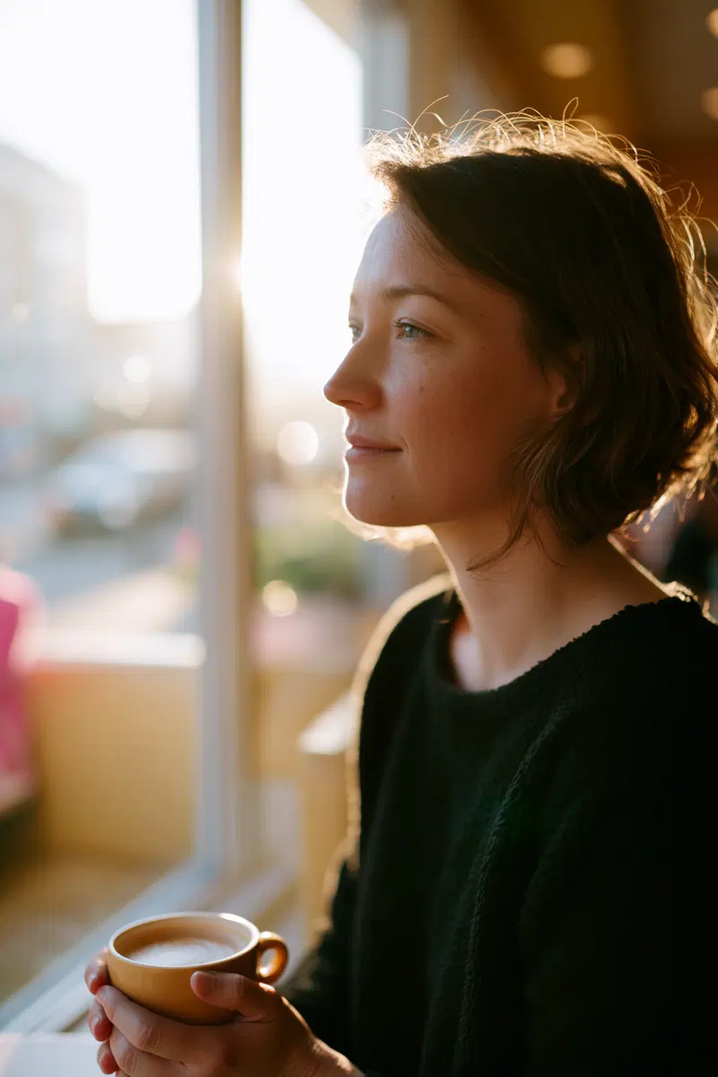 Contemplative woman holding a cup of coffee by the sunlit window