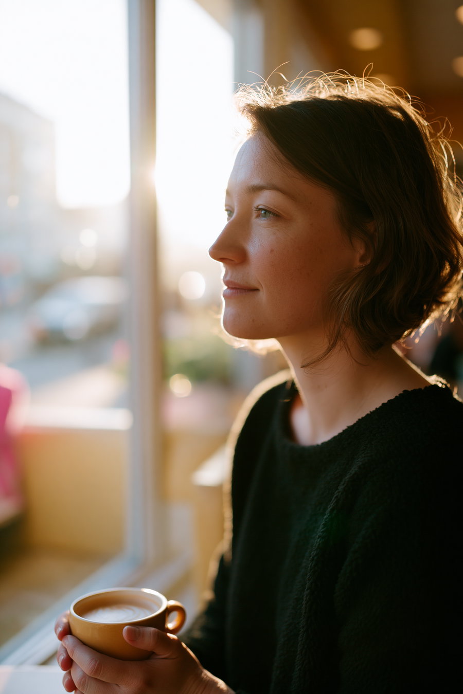 A woman with short brown hair wearing a black sweater sits by a window holding a cup of coffee, bathed in warm sunlight.