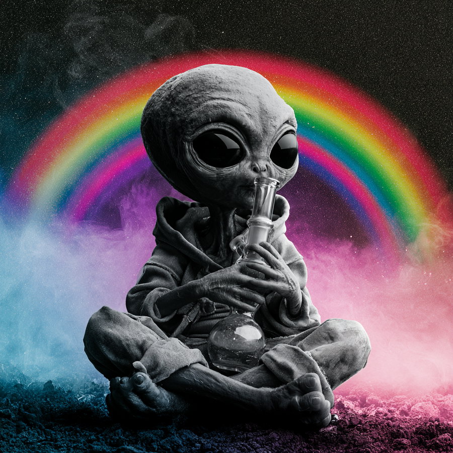 A surreal image showing a large-headed alien with big black eyes sitting cross-legged, holding a glass bong, with a vibrant rainbow and nebula smoke in the starry background.