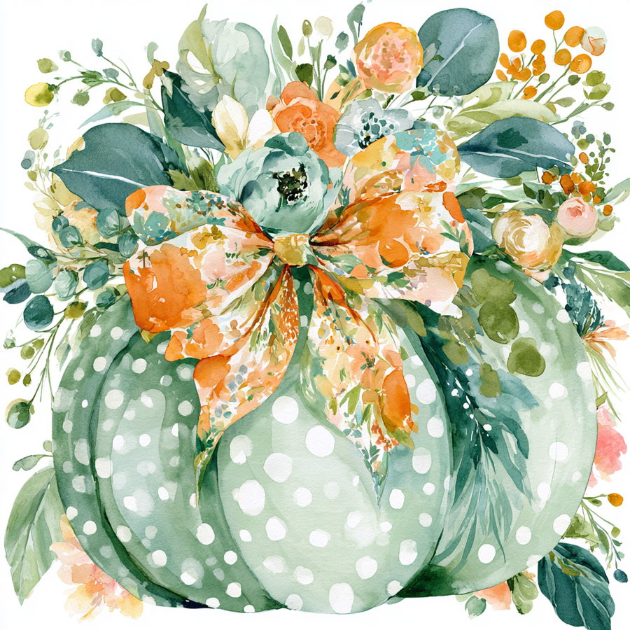 A green pumpkin with white polka dots adorned with an orange patterned bow and surrounded by various flowers and leaves in soft watercolor tones