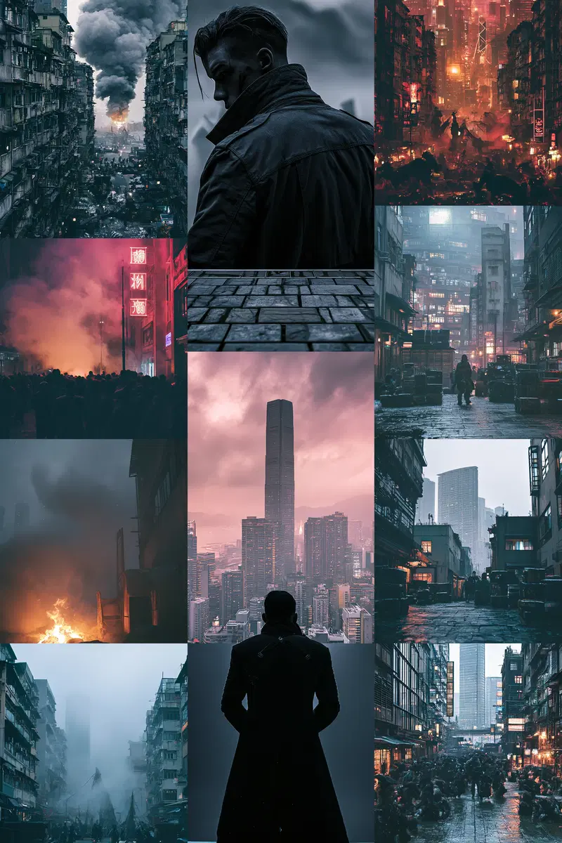 Moody dystopian cityscapes with lone figures in atmospheric urban settings