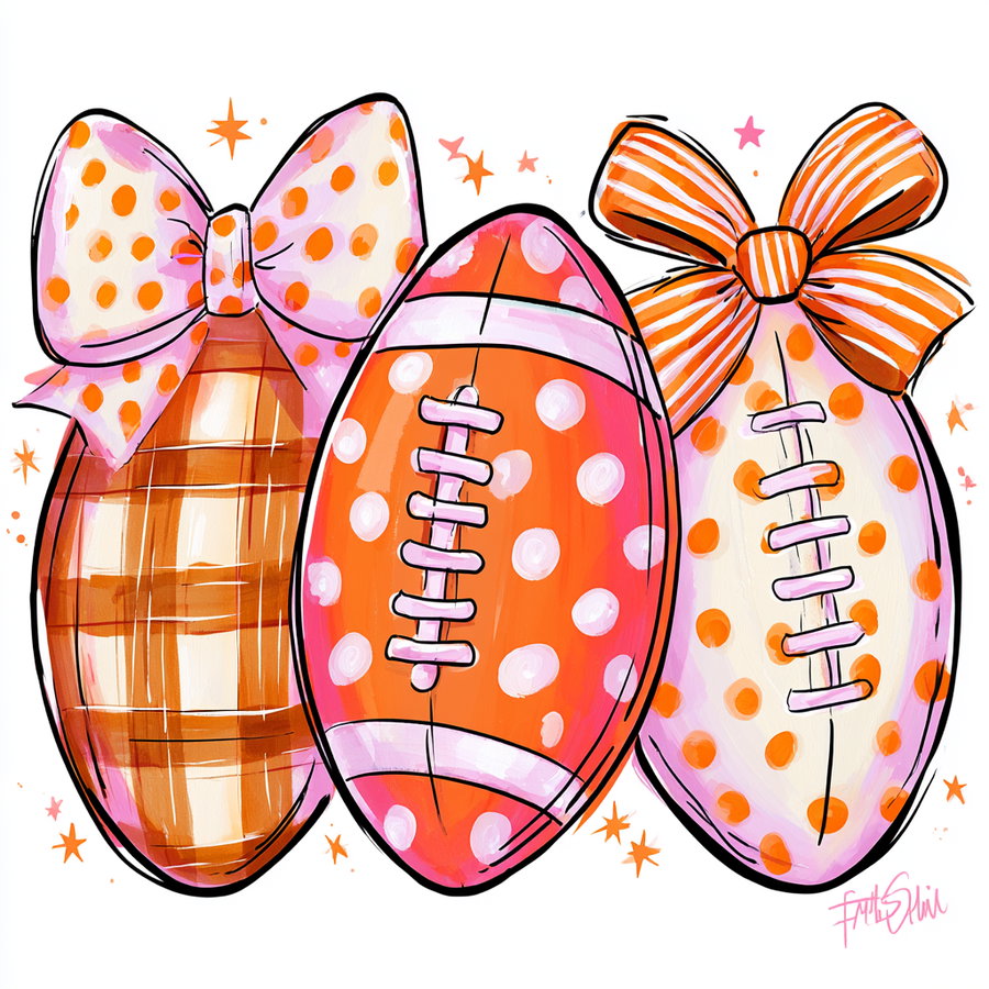 Three American footballs with artistic patterns are shown; one with a checkered pattern and a pink polka dot bow, one orange with white polka dots and lacing, and one light with orange polka dots, orange stripes on the bow, decorated with orange and pink stars around them.