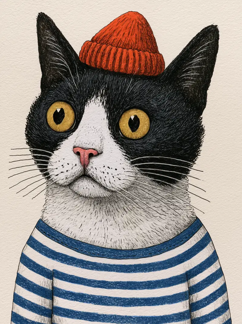 Illustration of a black and white cat wearing a striped shirt and a red beanie