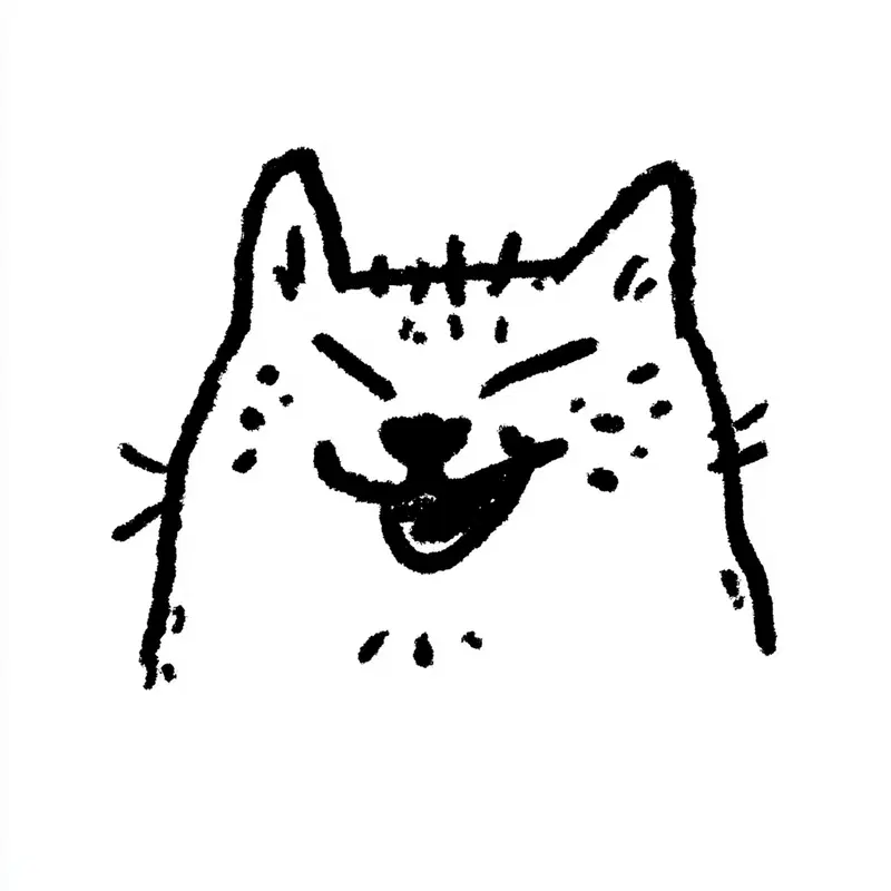 Simple black line drawing of a smiling cat face on white background