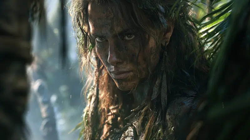 Detailed close-up of a determined person with tribal and nature elements