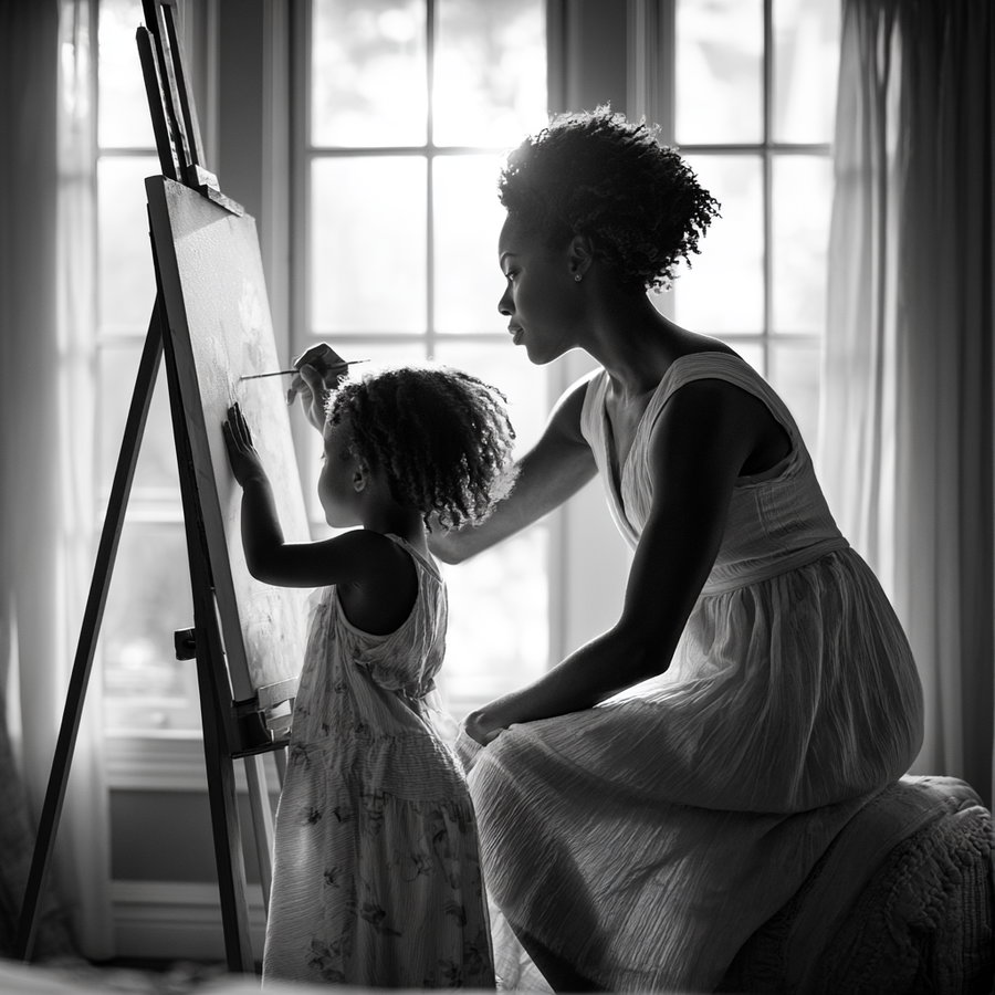 A black and white image showing a woman sitting next to a child who is painting on a canvas set on an easel by a window with curtains.