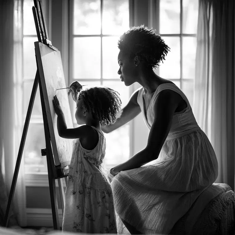 Black and white photo of mother teaching daughter painting on canvas