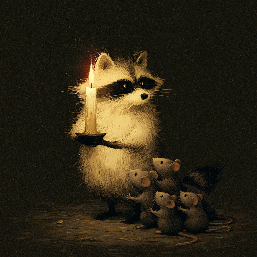 A cute raccoon standing upright holding a lit candle in a dark environment, with four small mice gathered closely around it, all illuminated by the candlelight.