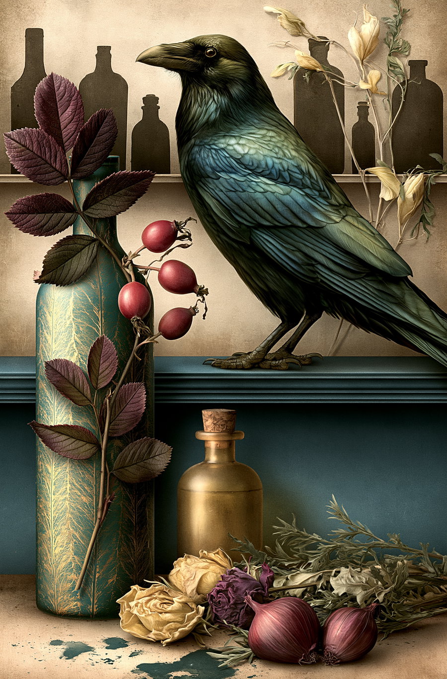 A detailed image showing a black raven with iridescent feathers standing on a shelf surrounded by dried flowers, red berries, a green decorative vase, a golden bottle with a cork, and two red onions, against a background with shadows of bottles