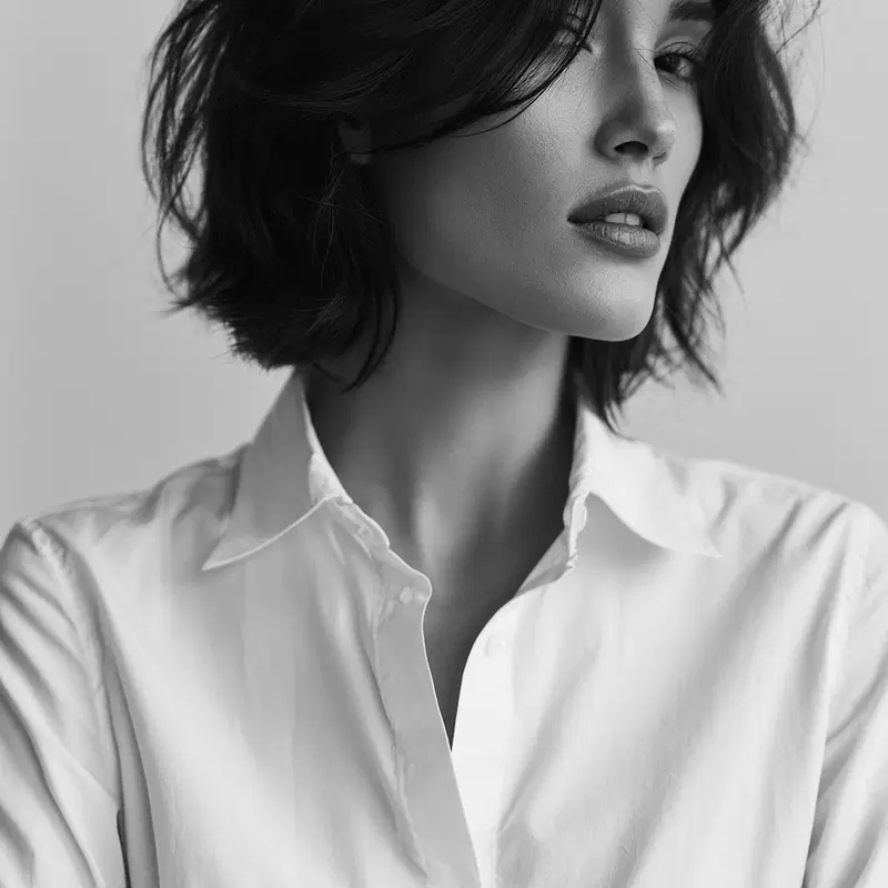 Black and white portrait of a woman with short hair in a white shirt