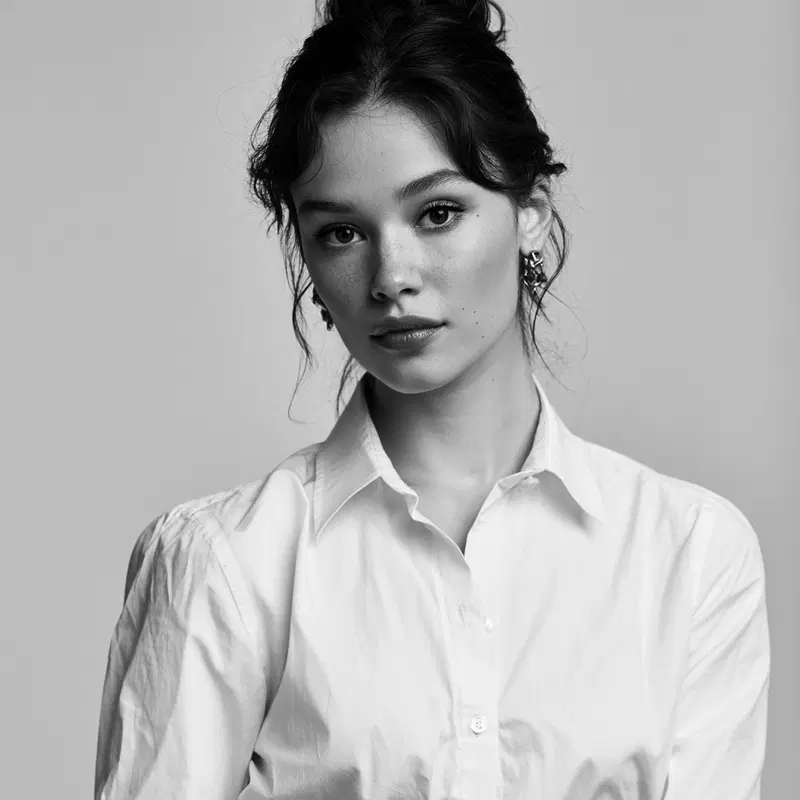 Elegant black and white portrait of a young woman in a white shirt