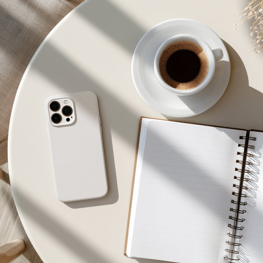 A round beige table with a cup of black coffee in a white cup and saucer, a white smartphone with a triple camera, and an open spiral notebook with blank lined pages, with soft natural light and shadows.