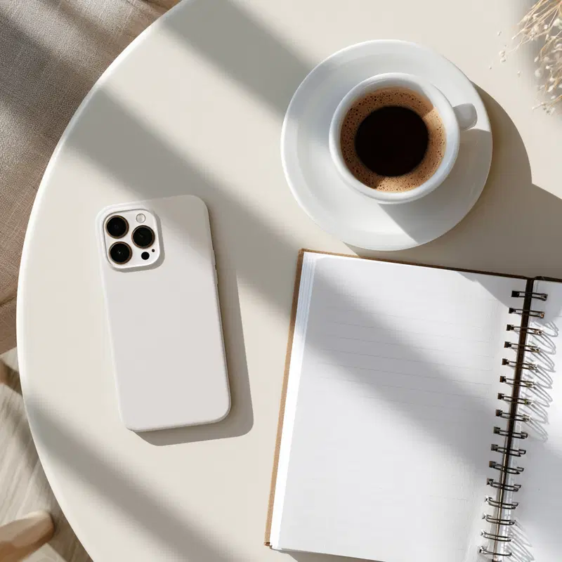 Minimalistic top view of a round table with coffee, smartphone, and notebook