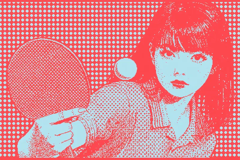 Stylized digital pop art of a woman playing ping pong with vibrant dots