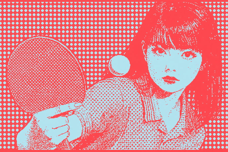 A digital pop art image of a woman with straight hair holding a ping pong paddle, poised to hit a floating ball, created with a vibrant halftone dot pattern in red and blue tones.