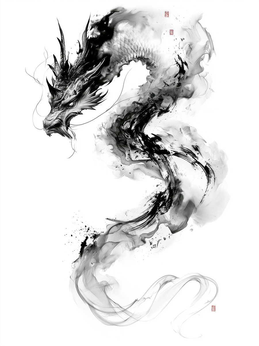A black and white ink painting of a Chinese dragon's head and elongated, flowing serpentine body with scales, whiskers, and horns on a white background