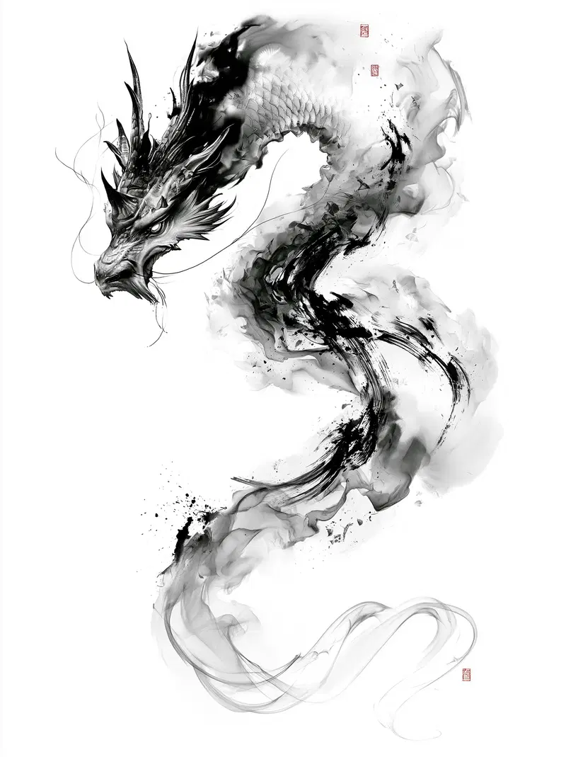 Artistic black and grey ink style depiction of a majestic Chinese dragon