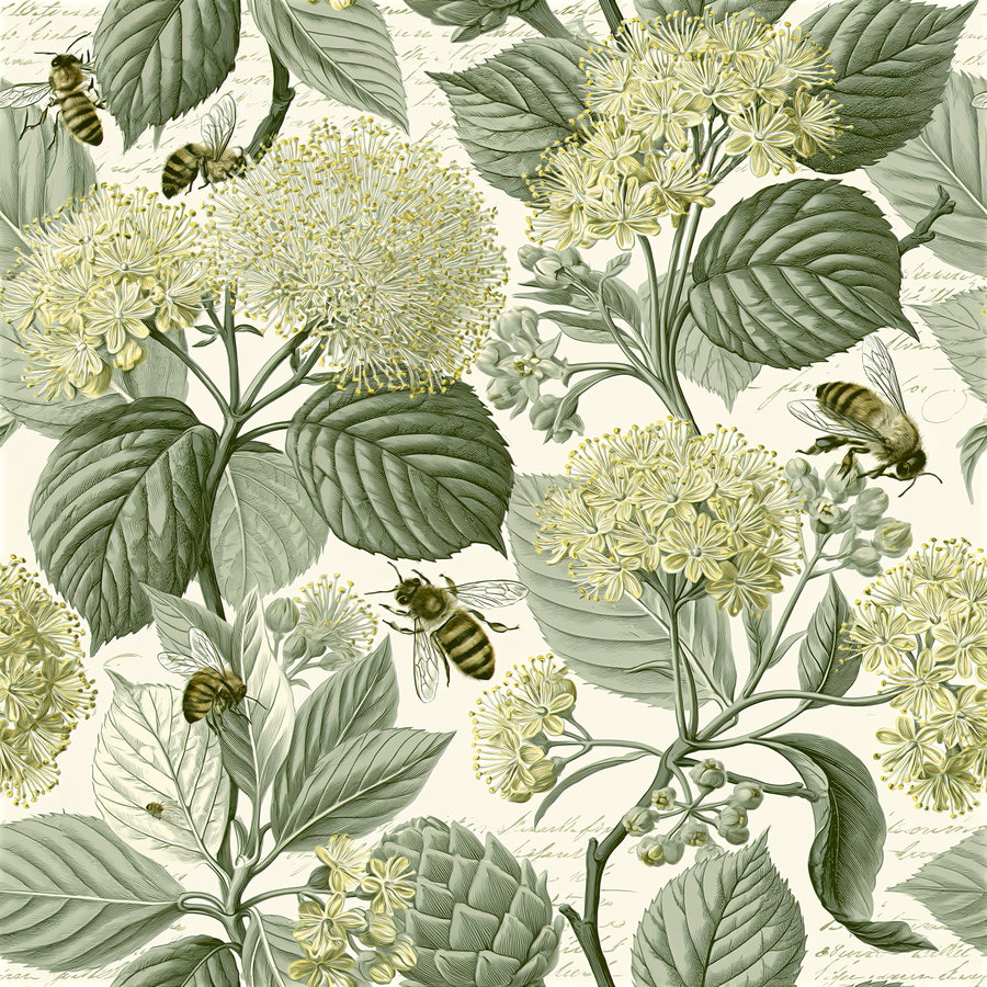 Illustration showing green leaves, yellow flowers, and several bees hovering over the plants on a light background with cursive writing