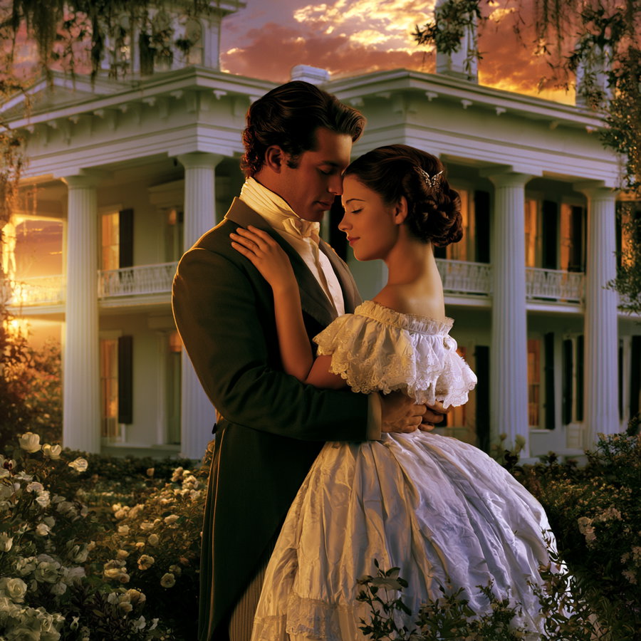 A man in a dark suit and a woman in a white vintage dress with lace details are embracing in a garden with white flowers, standing close together in front of a large white mansion with columns during a warm sunset.