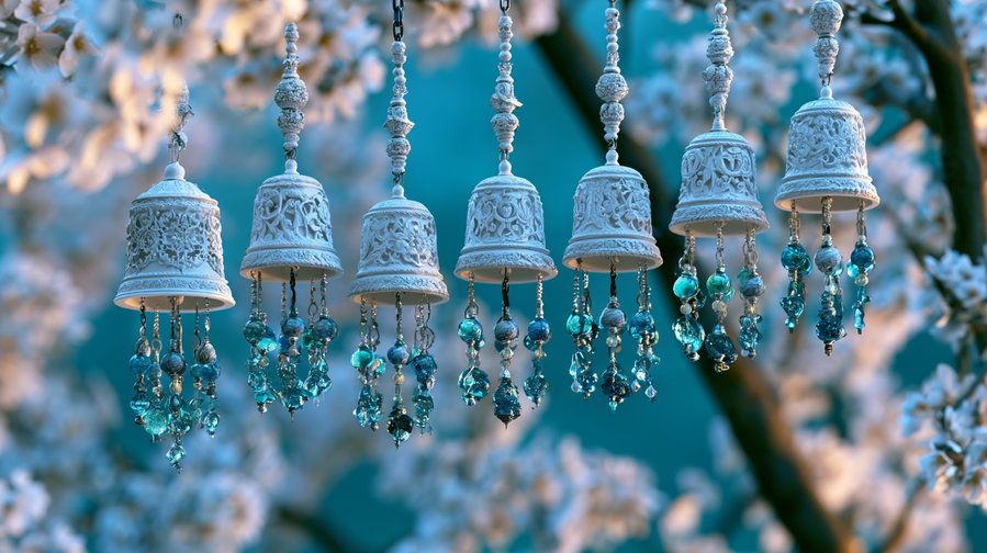 Row of white ceramic wind chimes adorned with intricate carvings and hanging blue glass beads against a backdrop of blurred white blossom flowers and green foliage