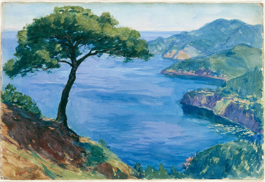 Painting of a lush green tree on a cliff overlooking calm blue sea and distant mountainous coastline