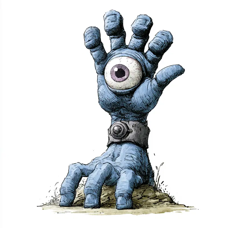 Illustration of a blue monstrous hand with a large eye on palm rising from the ground