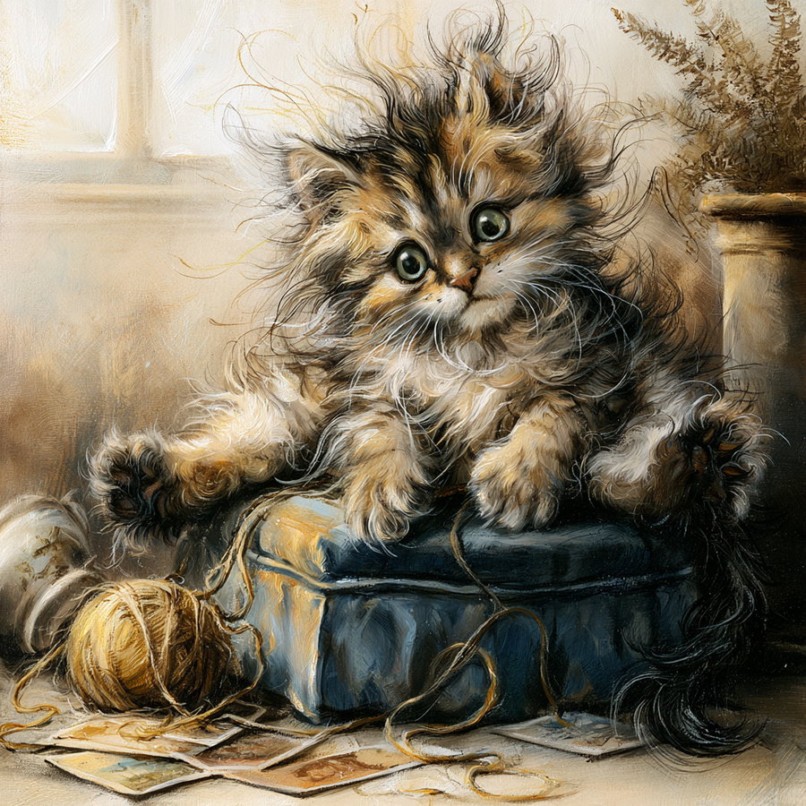 A fluffy kitten with mixed brown, black, and white fur looks curiously while tangled in yarn sitting on a small denim-colored cushioned box. The scene includes a ball of yarn and scattered cards on a wooden surface with a potted plant in the background.