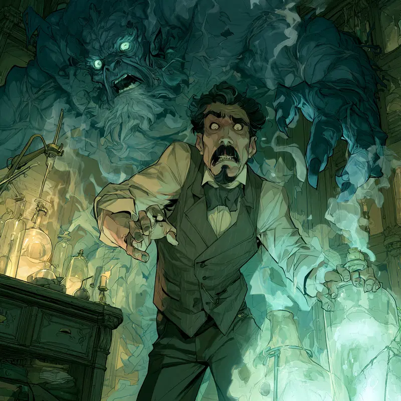 A startled man in vintage clothes with a glowing ghostly figure emerging behind him in a smoky room