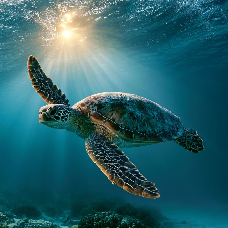 A sea turtle swimming underwater with sun rays shining down through the water surface onto the ocean floor.