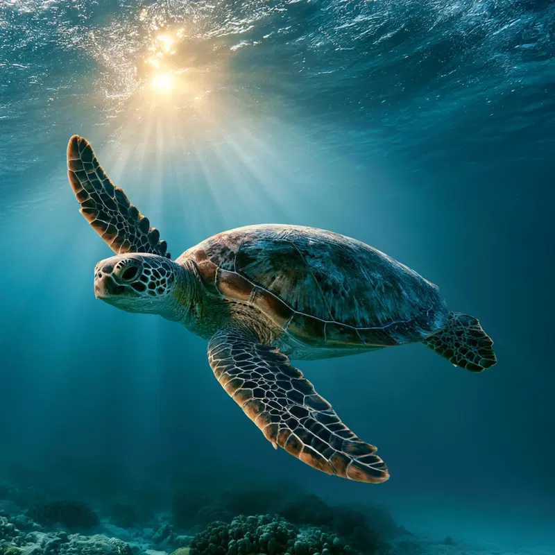 Underwater sea turtle swimming with sunlight filtering through water