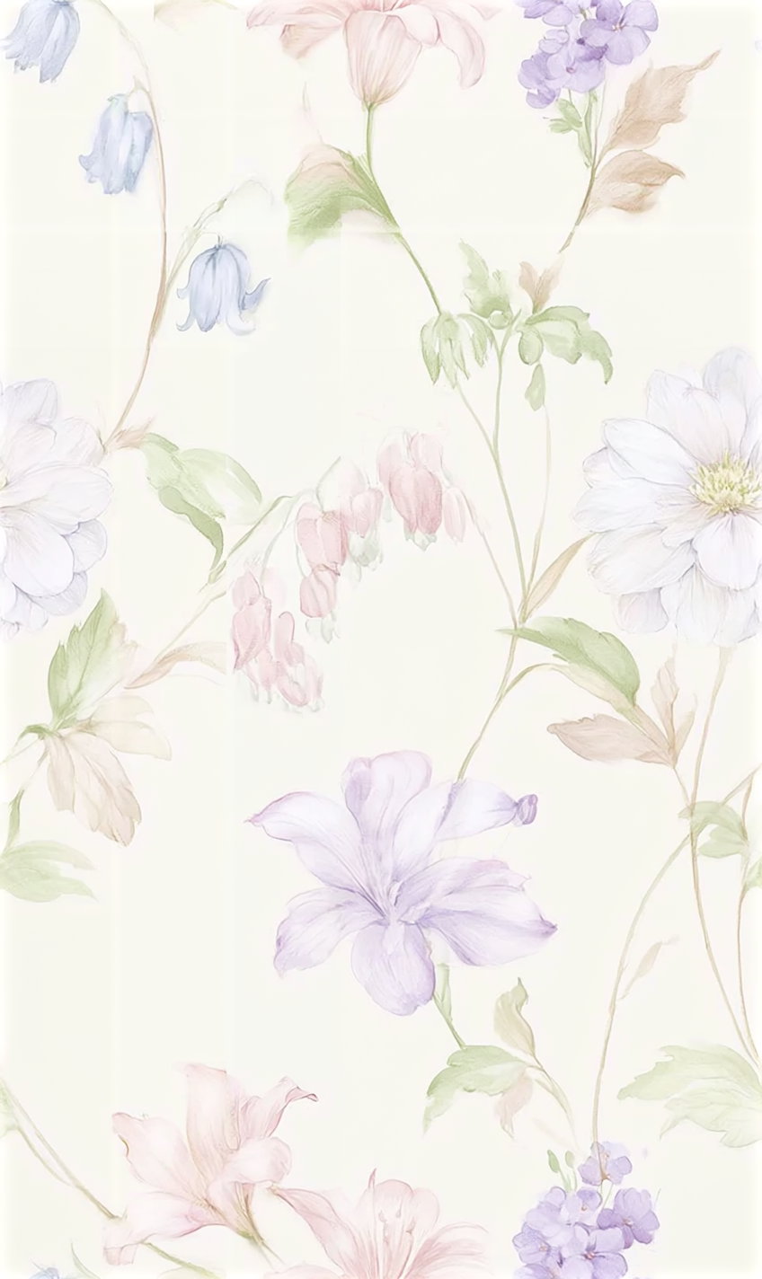 Soft watercolor style illustration featuring light pink, purple, and white flowers with green leaves on a pale cream background
