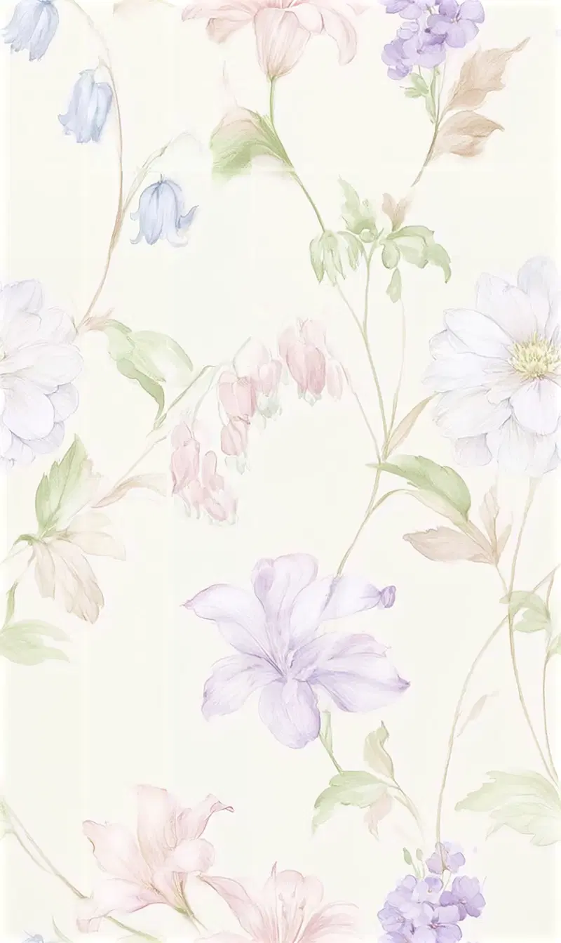 Delicate pastel floral pattern of various blooming flowers and leafy stems