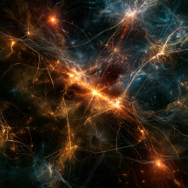 Vivid cosmic network with glowing orange and blue nebulae and bright starbursts