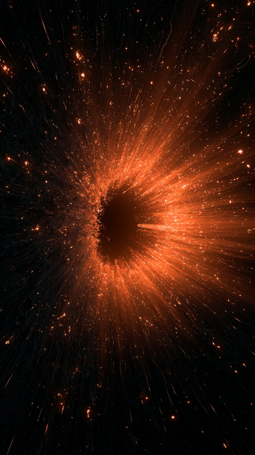 An abstract cosmic explosion radiating bright orange sparks outward from a dark center against a black background