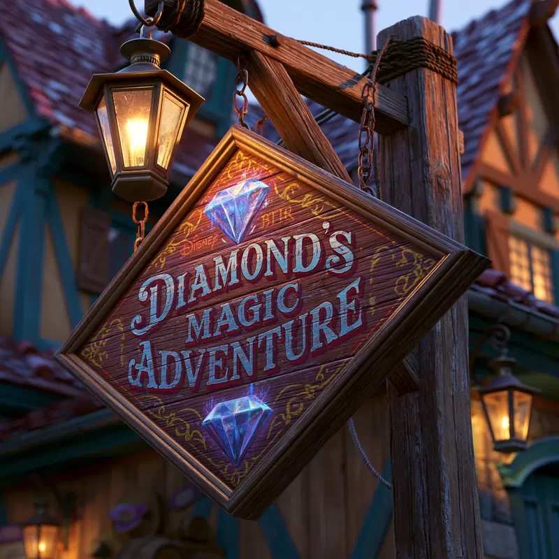 Rustic wooden sign for Diamond's Magic Adventure glowing at dusk