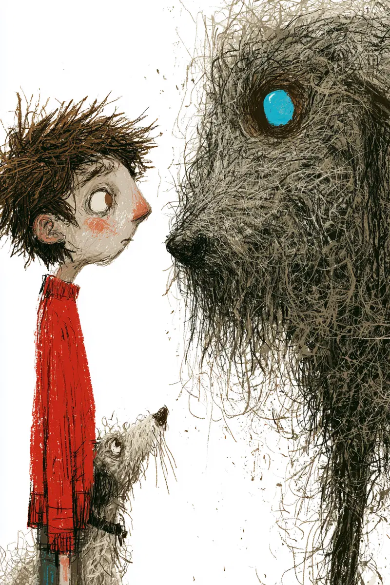 Whimsical illustration of a boy and two dogs locked in a silent stare