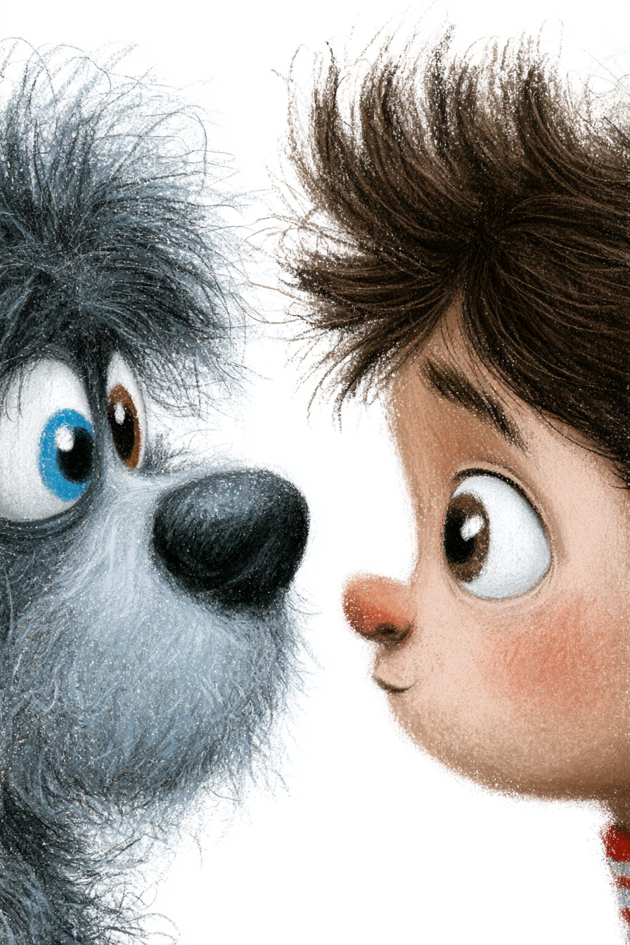 Illustration of a boy with brown hair and large eyes facing a fluffy grey dog with mismatched eyes, both looking intently at each other against a white background.