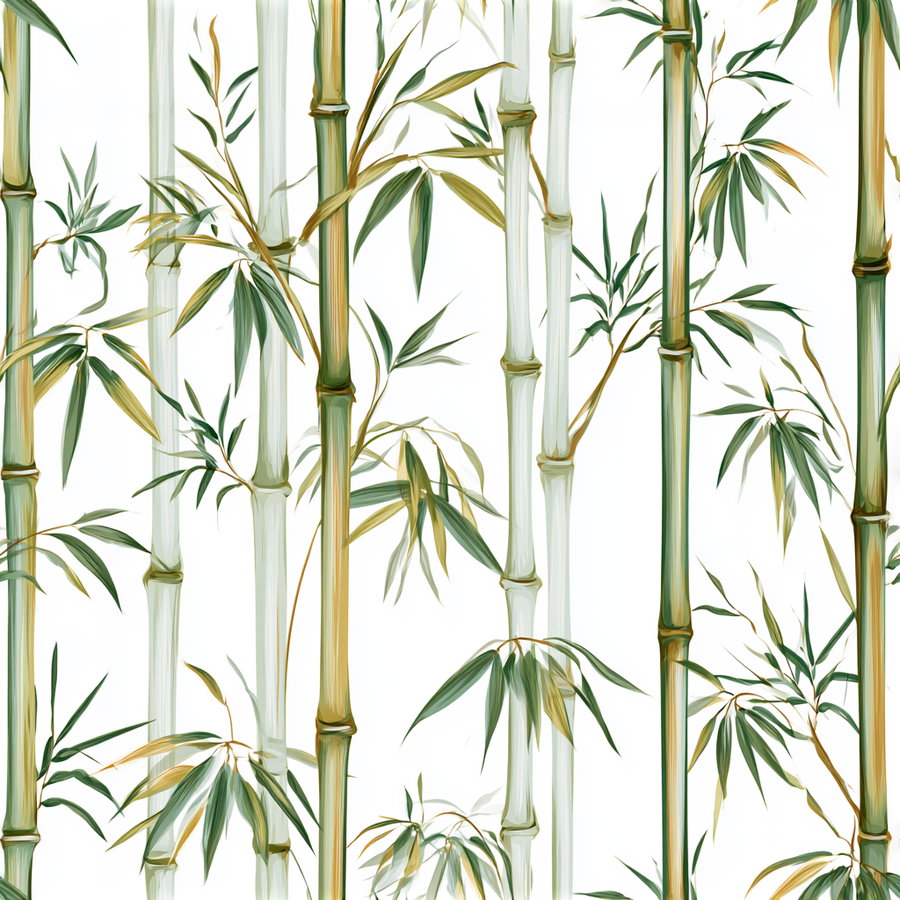 green and yellow bamboo stalks with elongated leaves depicted digitally on a white background