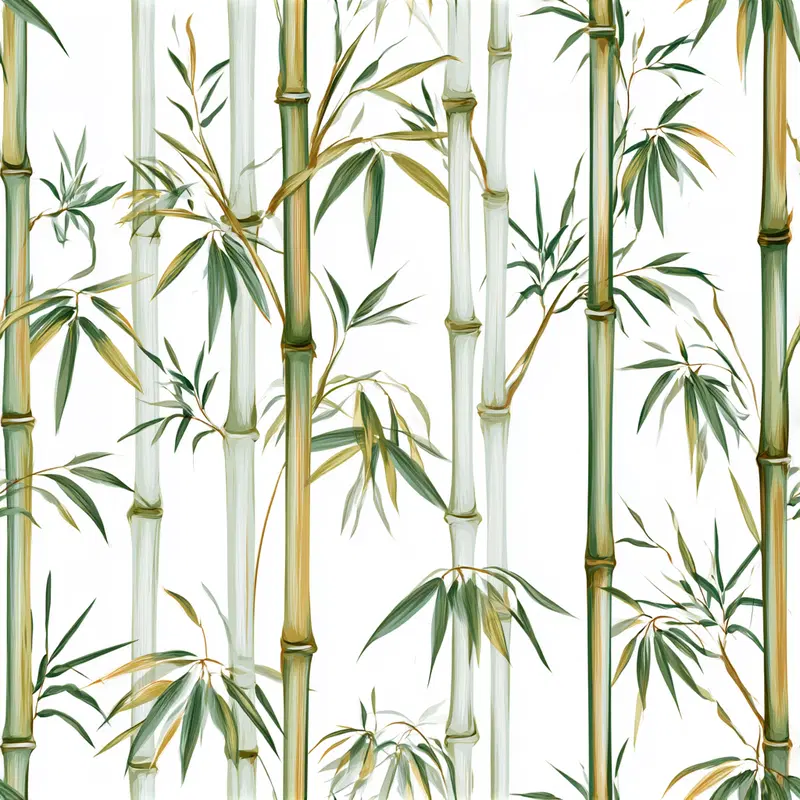 Digital painting of green and yellow bamboo stalks with leaves on white