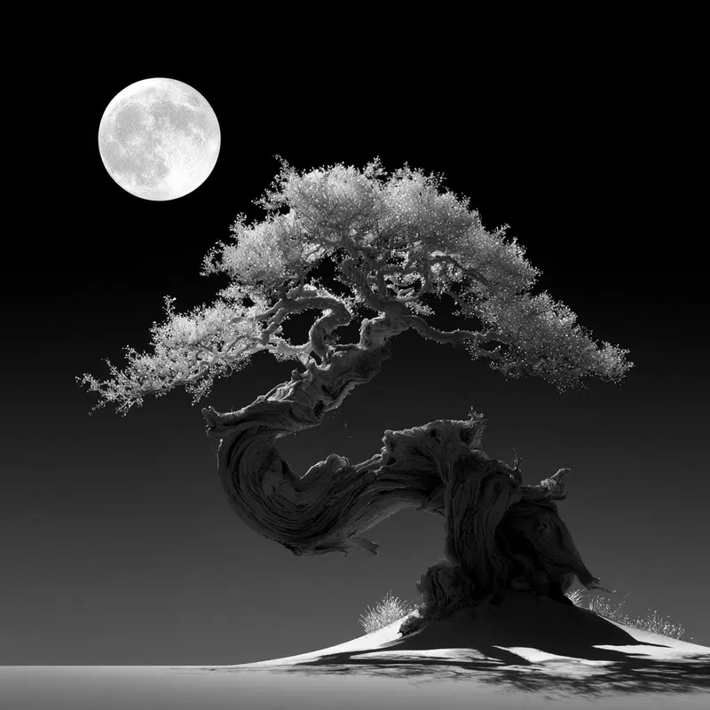 Ancient twisted bonsai tree illuminated by full moonlight against dark sky