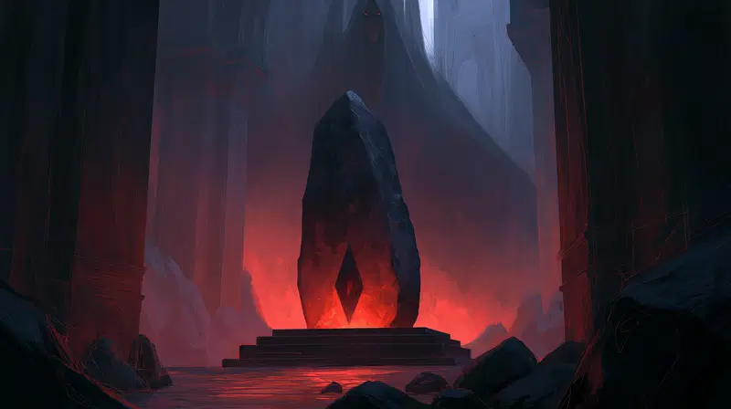 Dark fantasy scene with a mystical glowing monolith inside ancient ruins