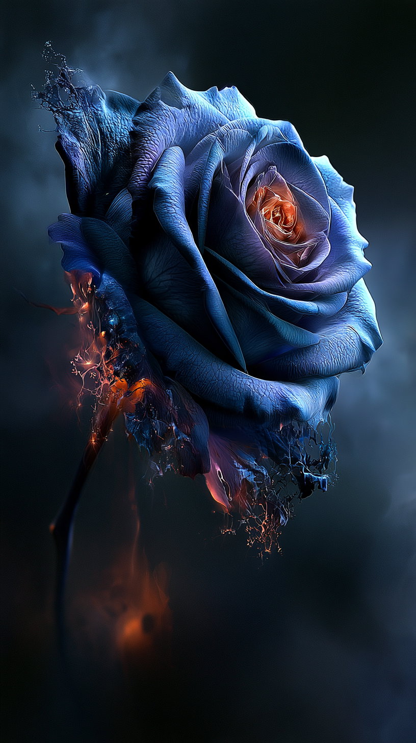 A detailed close-up of a blue rose with glowing fiery orange edges and dark, smoky background, blending natural floral texture with ethereal light effects.